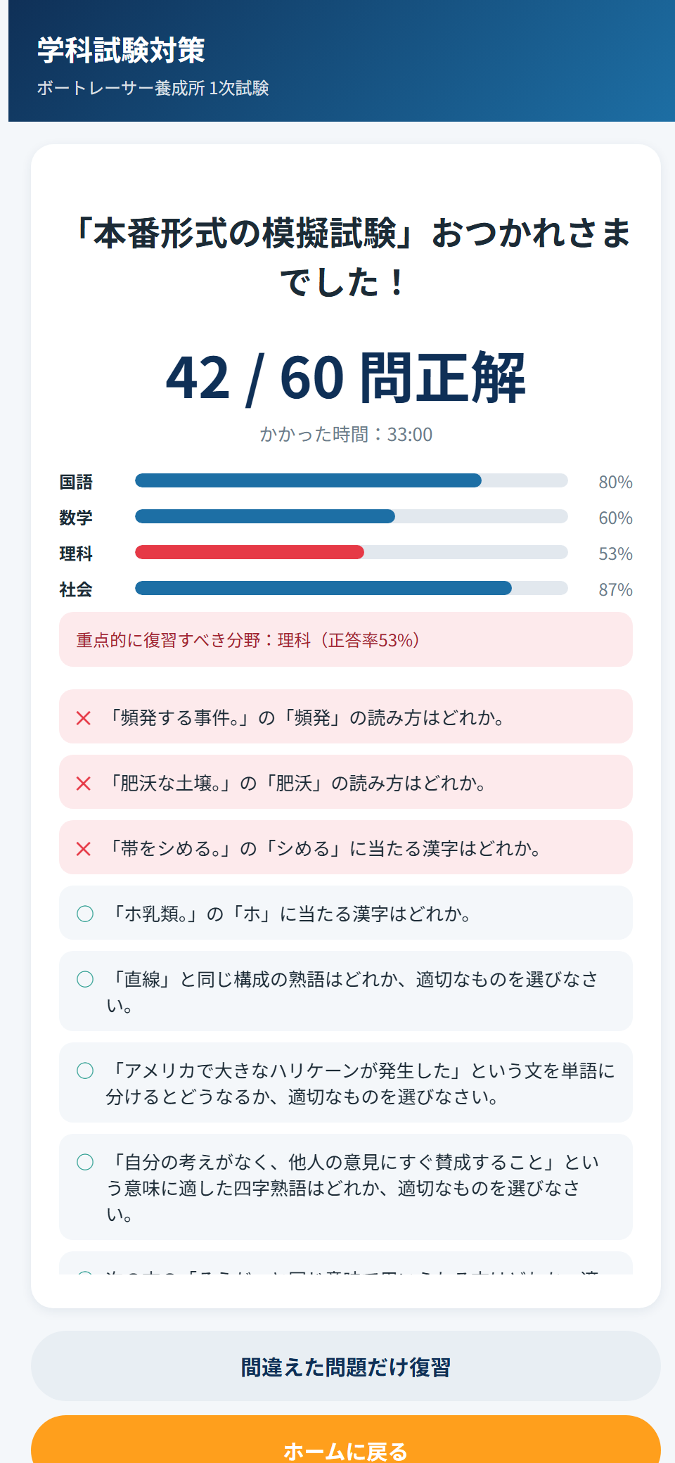 模擬試験結果と科目別正答率の画面